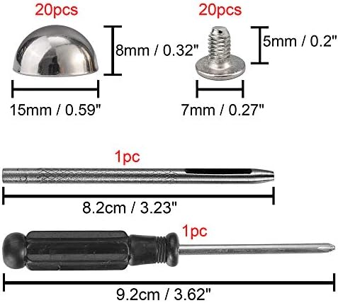 YORANYO 20 Sets 15X8MM Dome Spikes and Studs 19/32" Handbag Feet Silver Color Round Spikes Screw Back Studs and Spikes for Clothing Shoes Leather Craft Belts Bags Accessories with Installation Tool