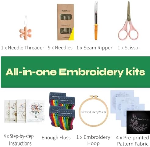 CornerLife 4 Pack Embroidery Kit for Beginners Adults, Hand Embroidery Kits with Pre-Stamped Floral Patterns and Instructions, Adjustable Hoop, Needlepoint Starter Kit DIY Art Crafts Gift (Flower B)