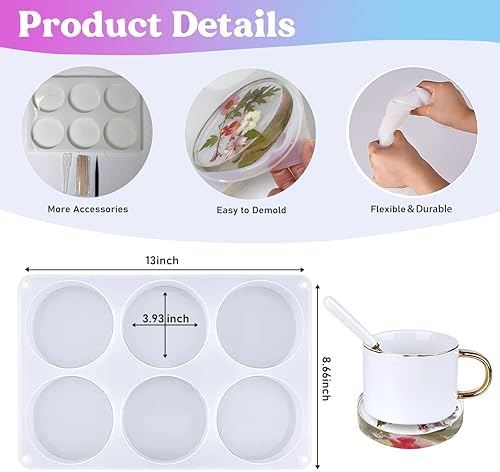 Silicone Resin Coaster Mold Set, 3.93-Inch Round, 0.82-Inch Deep Reusable Flexible Mold for Epoxy Resin Casting with 3 Tools, LeilieCSC