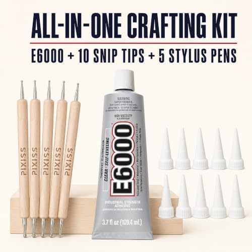 E6000 3.7 Ounce (109.4mL) Tube Industrial Strength Adhesive for Crafting, 10 Snip Tip Applicator Tips and Pixiss Art Dotting Stylus Pens 5 pcs Set