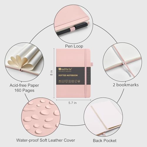 &And Per Se Dotted Notebook with Pen, A5 Hardcover Dotted Journal, 160 Pages 100GSM Thick Paper Dot Grid Journal with Fineliner Pen (Pink)