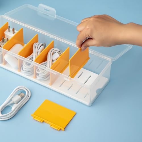 Vidifor 2-Pack Clear Cable Organizer Box with Adjustable Dividers, Portable Cord & Charger Storage for Drawer, Desk, Office & Home(Clear+Yellow-2pack)