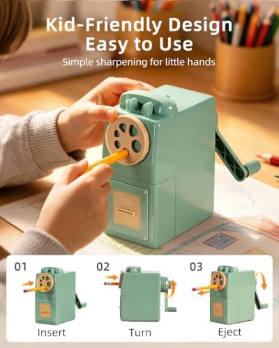 ZMOL Heavy Duty Manual Hand Crank Pencil Sharpener, Desktop, Green