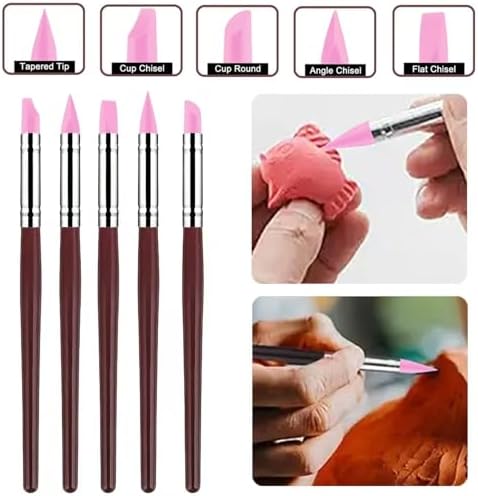 10 Pcs Silicone Clay Sculpting Tools Set, Double-Ended Dotting Tools & Silicone Brushes for Polymer Clay, Air Dry Clay, Pottery & DIY Crafting-Pink