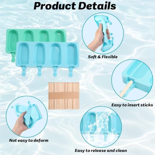 Popsicles Molds, 2Pcs Homemade Cake Pop Molds with Wooden Popsicles Sticks, Reusable Silicone Ice Pop Cream Cakesicle Maker Mold 4 Cavities for Home DIY Craft, Green & Blue