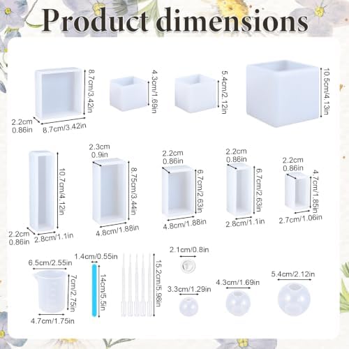 12 Pcs Resin Molds Set, Multiple Sizes Cube Sphere Silicone Mold with Tools Cube Casting poxy Molds for Insect, Plant, Flowers, Soap, DIY Art Craft