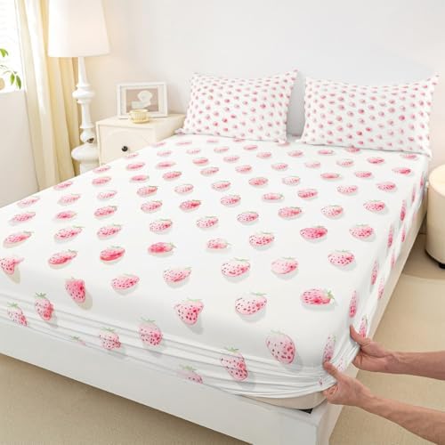 Manfei Cut Strawberry Sheet Set Pink Lovely Fruits Bedding Set Rustic Sweet Style Bed Sheets Teens Room Decor White (Twin Flat & Fitted Sheet with 1 Pillow Case)