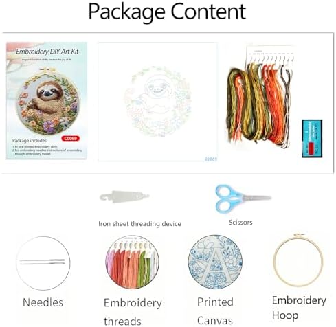 Zhenqing Sloth Embroidery Kit for Beginners, Cute Sloth & Floral Needlework Craft with Pre-Printed Cotton Fabric, Hoop, Threads & Tools, Boho Decor (C0069)