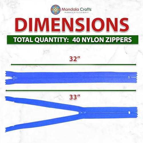 Mandala Crafts 40 PCs Blue Closed-End 32 Inches Nylon Zippers for Sewing