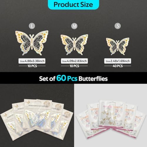 Butterfly Wall Stickers - 60pcs 3D Butterflies Removable Mural Wall Decals for Indoor Home Room Bedroom Decorations (Sliver)