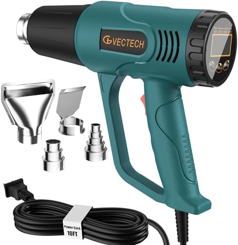 Digital Heat Gun with LCD Display, 100°C-650°C Adjustable Temperature Control, Hot Air Gun Power Tool with 10FT Long Cord & 4 Nozzles for Stripping Paint, Shrink Wrap, PVC, Epoxy Resin