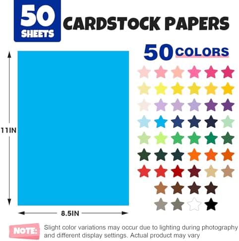 TUXIYA 50 Sheets 8.5" X 11" Colored Cardstock, 50 Colors Card Stock | 50 Assorted Colors Construction Paper Printer Paper for Printing, Card Making, DIY Crafts, School Supplies,Party 180GSM/65LB