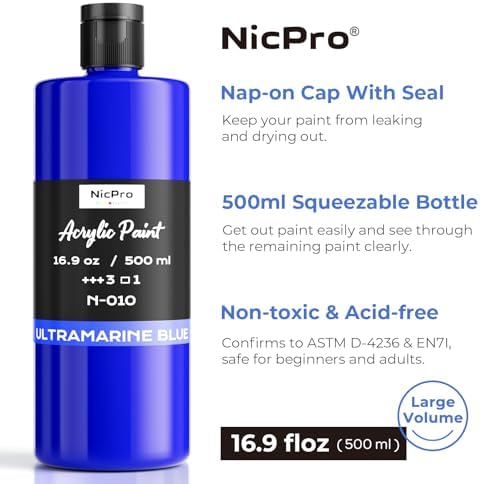 Nicpro Ultramarine Blue Large Acrylic Paint (16.9oz, 500ml), Rich Pigments | Non Toxic Craft Paint for Multi Surface, Canvas, Wood, Fabric, Stone - Art Painting Supplies for Beginners, Artists & Adults