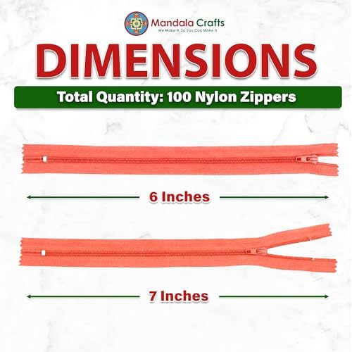 Mandala Crafts 100 PCs Coral Closed-End 6 Inches Nylon Zippers for Sewing