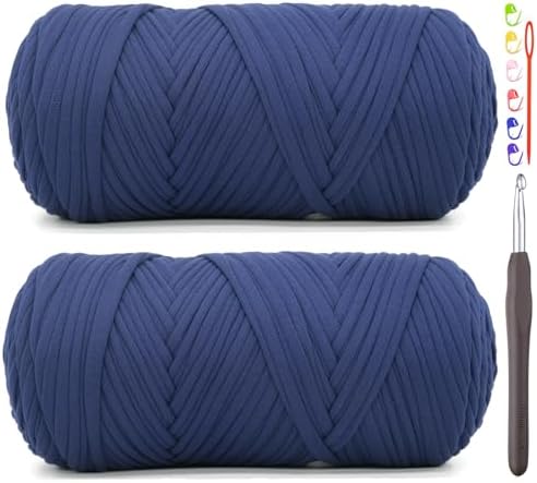 2 Pack Tshirt Yarn for Crocheting,Navy Blue T Shirt Chunky Elastic Fabric Thick T-Shirt Crochet Yarn for Beginners Crocheting Hand Knitting Bag/Basket/Coasters/DIY Crafts/Home Decor 2*200G(Navy Blue)