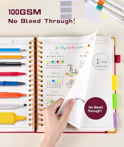 Hardcover Spiral Notebook journal with Removable Dividers Tabs, 300 Pages Leather 5 Subject Notebook College Ruled, 100GMS A5 Notebooks for Work School Note taking,Lined Journal for Women,A5-Rose