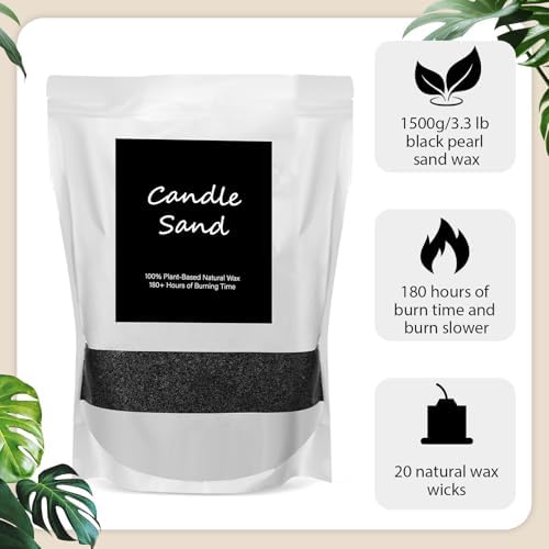 MTLEE Candle Sand 3.3 lb DIY Pearled Candle Making Kit Included 20 Pcs Wicks and Refillable Beaded Wax Sand Beaded Wax Gift with Wicks Self Extinguish for Home Wedding Party Women(Black)