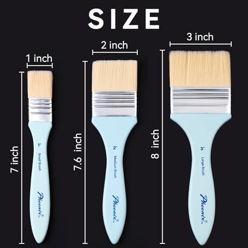 PHOENIX Flat Paint Brush Set - 3 Sizes Nylon Large Paint Brushes for Acrylic Painting, Gouache, Wood Furniture, Gesso, Varnishes & Wall (Pack of 2)