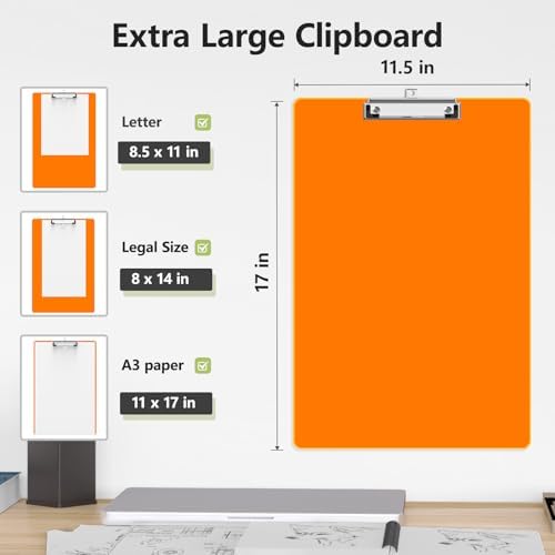 Extra Large Clipboard, 11 x 17 Orange Plastic Drawing Board