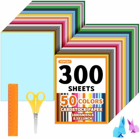 300 Sheets 8.5" X 11" Colored Cardstock, 50 Assorted Colors 180 GSM/65 LB Construction Paper, Craft Set with Scissors and Ruler, Printer Paper for Scrapbooking, DIY Crafts and Decorations