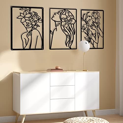 CHENGU 3 Pieces Metal Minimalist Abstract Woman Wall Art Line Drawing Wall Art Decor Single Line Female Home Hanging for Kitchen Bathroom Living Room