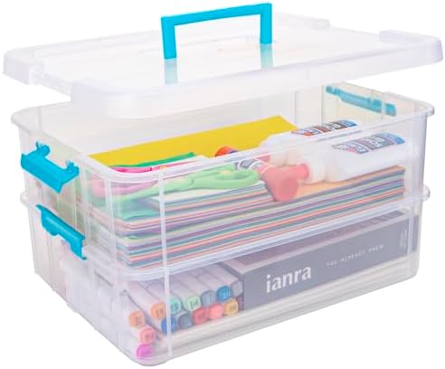 TERGOO 2 Layer Plastic Storage Containers with Lids, Multipurpose Clear Stack & Carry Box, Portable Craft Organizers and Storage Bin for Organizing Art & Craft, Sewing, Makeup, Nail Supplies (Blue)