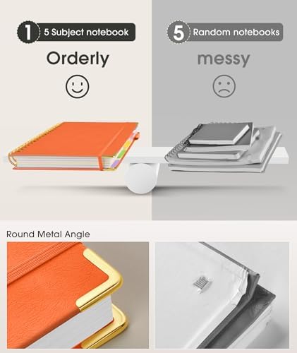 Hardcover Spiral Notebook Journal with Removable Dividers Tabs, 300 Pages Leather 5 Subject Notebook College Ruled, 8"x10" Large Notebooks for Work School Note taking, Lined Journal for Women, Orange