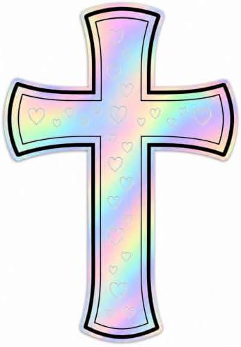 Christian Holographic or Reflective Cross Car Decal, Jesus Cross Vinyl Sticker with Subtle Dove or Heart Pattern, Weather Resistant Bumper Window Decal for Car Truck Motorcycle Laptop (Hologram Heart)