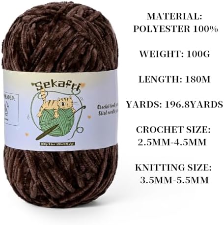 3 Pack of 300g (590yds) Fuzzy Chenille Yarn for Crocheting,Fluffy Amigurumi Crochet Yarn for DIY Craft/Hat/Clothes, Soft Velvet Baby Blanket Yarns（3 Coffee）