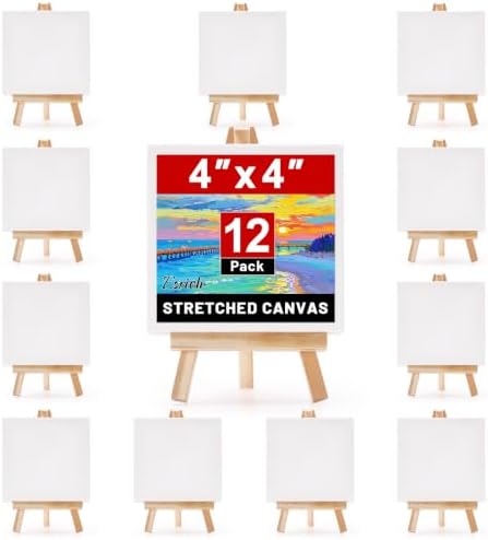 ESRICH 12 Pack Mini Canvas with Easel Set, 4x4” Small Canvases for Painting