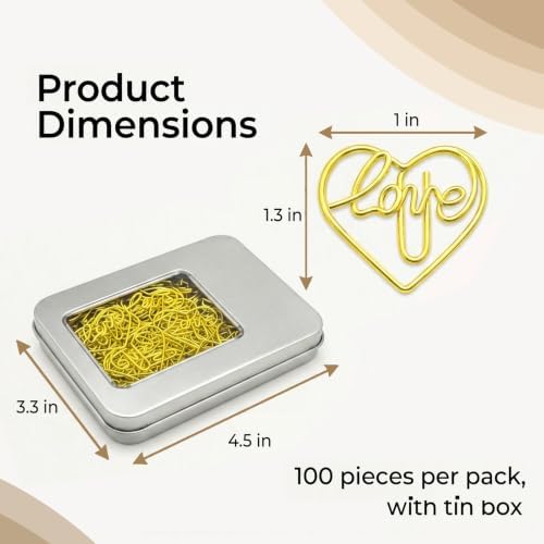 Cute Gold Love Heart Paper Clips 100 Pcs, Planner Bookmark Clips