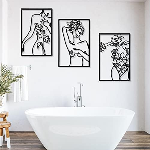 CHENGU 3 Pieces Metal Minimalist Abstract Woman Wall Art Line Drawing Wall Art Decor Single Line Female Home Hanging for Kitchen Bathroom Living Room