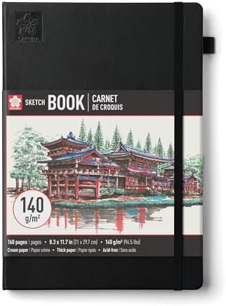 Sakura Sketchbook A4, Hardcover, 160 Pages, 8.3 x 11.7", Black, Cream Paper | Drawing Sketchbook for Visual Journaling & Illustration, 140 GSM Paper, Hardcover, Effortless Sketching