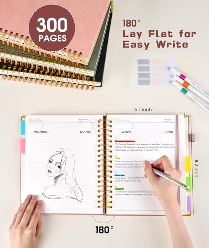 Hardcover Spiral Notebook journal with Removable Dividers Tabs, 300 Pages Leather 5 Subject Notebook College Ruled, 100GMS Notebooks for Work School Note taking,Lined Journal for Women,A5 Rose gold