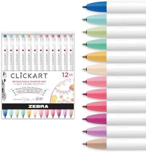Zebra Pen CLiCKART No Bleed Felt Tip Pen, Assorted Soft Ink, 0.6mm, 12-Pack