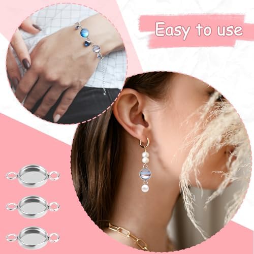 Mozeat Lens 50pcs Stainless Steel Round Blank Bezel Pendant Bezel Tray Connectors Base Cabochon Settings Trays Pendant Blanks Links with Double Loops Bracelet Making Tray for Jewelry Making DIY Craft