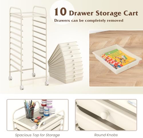 Storage Cart, Rolling Utility Cart with 10 Drawers, Portable Handles & Lockable Wheels, Mobile Paper Toys Storage Organizer Large Capacity for Home Office School Teacher (White)