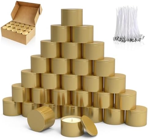 PCREGPAE 4OZ Gold Candle Tins Cans with Lids and Wicks for Making Candles