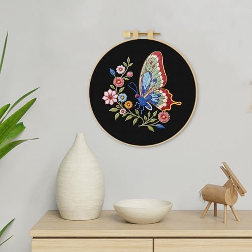 ERKOON Embroidery Kit for Beginners Adult, Cross Stitch Set Include Embroidery Cloth Hoop Threads for Craft Lover Hand Stitch with Embroidery Skill Techniques (Butterfly)