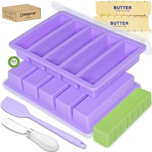 Silicone Butter Molds with Spatula and Lid, Non-Stick Butter Tray with Butter Knife, Reinforced Steel Frame Inside, Perfect for Making 5 Standard 8 Tbsp Butter Sticks, Energy Bar, 2 Pcs