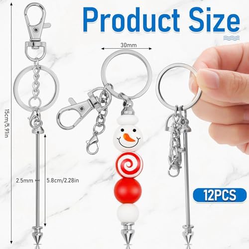ROADPLUM 12 Pcs Beadable Keychain Bar, Silver Bead Keychain Beaded Item for Pendant DIY, Alloy Blank Key Chain Accessories Bulk for Beadable Gift Jewelry Making Supplies