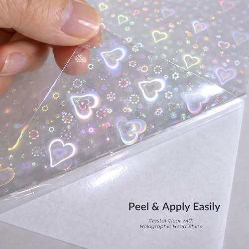 Bleidruck 25 Sheets Hearts Clear Holographic Laminate Sheet Adhesive Paper | Transparent Cold Laminate Sheets Holographic Sticker Paper A4 Waterproof for Documents, Photos, Festivals, No Machine Needed
