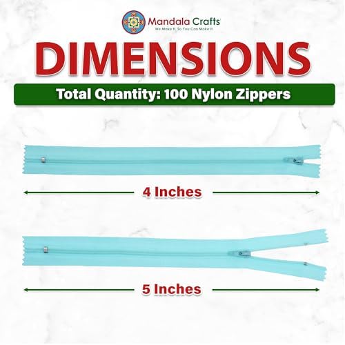 Mandala Crafts 100 PCs Turquoise Closed-End 4 Inch Nylon Zippers for Sewing