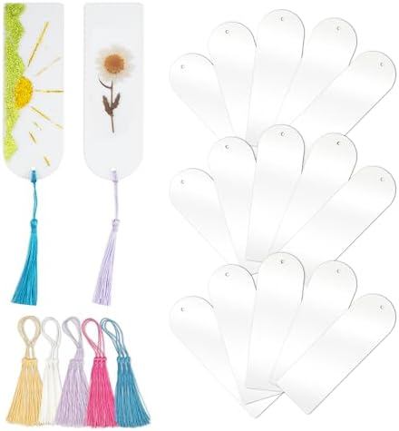Acrylic Bookmarks Blanks Bulk 30PCS Semicircle Clear Bookmark Plastic Blank 15 Sets with 5 Color Tassels for Vinyl DIY Craft (5.9 * 2.0 inch)