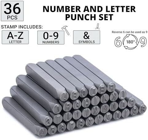 NEIKO 02633A Number and Letter Punch Set with Heat-Treated Steel Punches, Imprinting & Arts and Crafts, 3/16" (5 MM) Shaft, 36 Pc Stamp Set, Uppercase Letter & Number Punch Set (A-Z / 0-8 / "&")