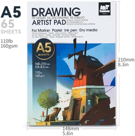 TRANSON A5 Small Sketchbook Marker Pad, 110lb/160gsm Heavyweight Art Paper, No Bleed Through, 65 Sheets/130 Pages 5.8"x8.3" for Drawing & Sketching