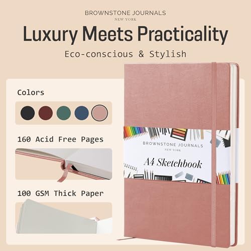 BROWNSTONE JOURNALS A4 Sketch Book Hardcover - 80 Sheets 100 GSM Paper | 8.5" x 11.5", Lay Flat, Vegan Leather Hardcover, Elastic Band, Back Pocket, Art Drawing Book for Adults & Students