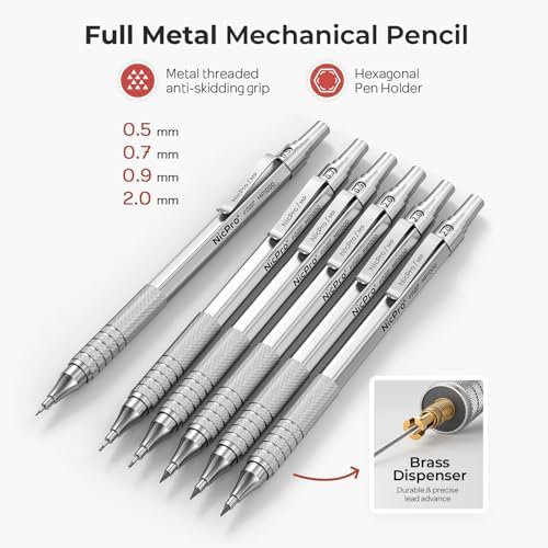 Nicpro 30PCS Silver Metal Mechanical Pencils Set in Leather Case | Art Drafting Pencil 0.5-0.9 mm, 2mm Lead Pencil Holders for Sketching Drawing, 16 Tube (6B 4B 2B HB 2H 4H Colors)Lead Refills