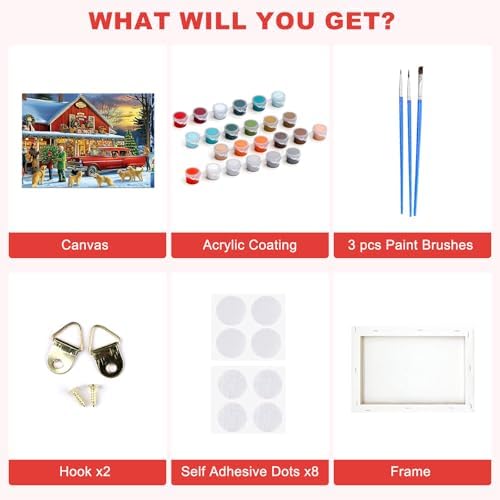 SENQAO Christmas Paint by Numbers for Adults Framed, Red Truck Adults' Paint-by-Number Kits, Adult Paint by Number Kits on Canvas, Acrylic Number Painting for Home Decor, 8x12in
