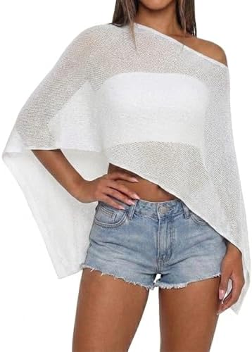 Women Sheer Knit Poncho Top Beach Cover Up Lightweight Crochet Shrug Y2k Summer See Through Shawl